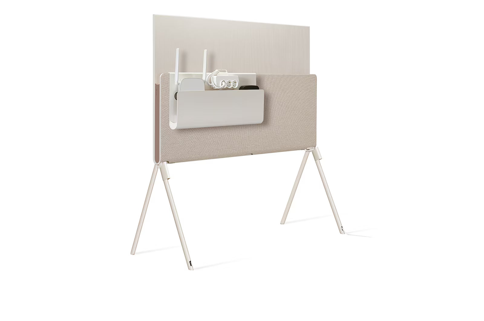 LG 55LX1 OLED televízió hátulnézetben, talpon, eszköz tartóval és kábelmenedzsmenttel.