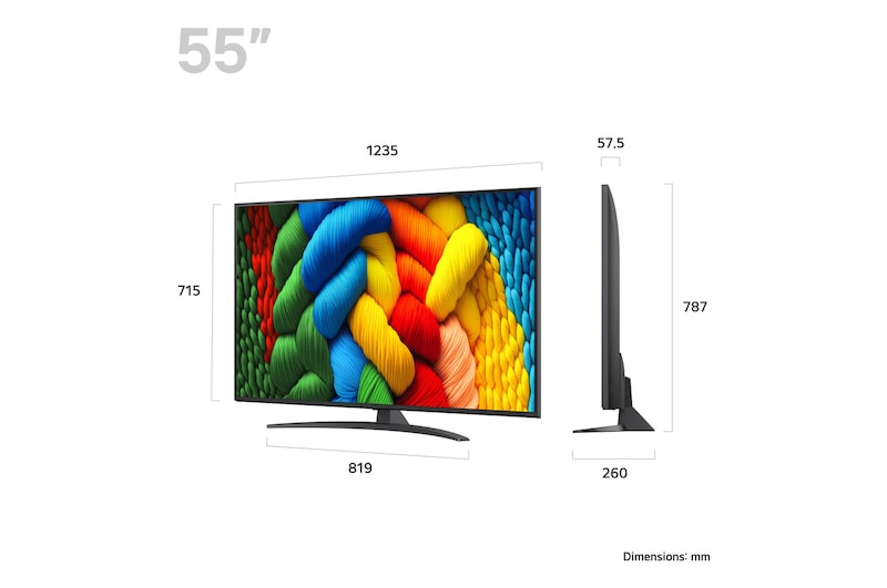 LG 55NANO81A televízió méretei mm-ben.