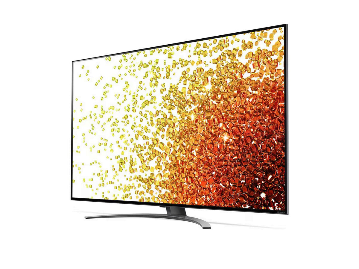 LG 55NANO913PA NanoCell 4K Smart TV előlnézetben enyhén balra fordítva, talpon. A kijelzőn sárgás piros drága kövek szétszórva.