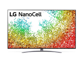 LG 55NANO963PA NanoCell 8K Smart TV előlnézetben, talpon. A kijelzőn színes drága kövek szétszórva és lg nanocell logó.