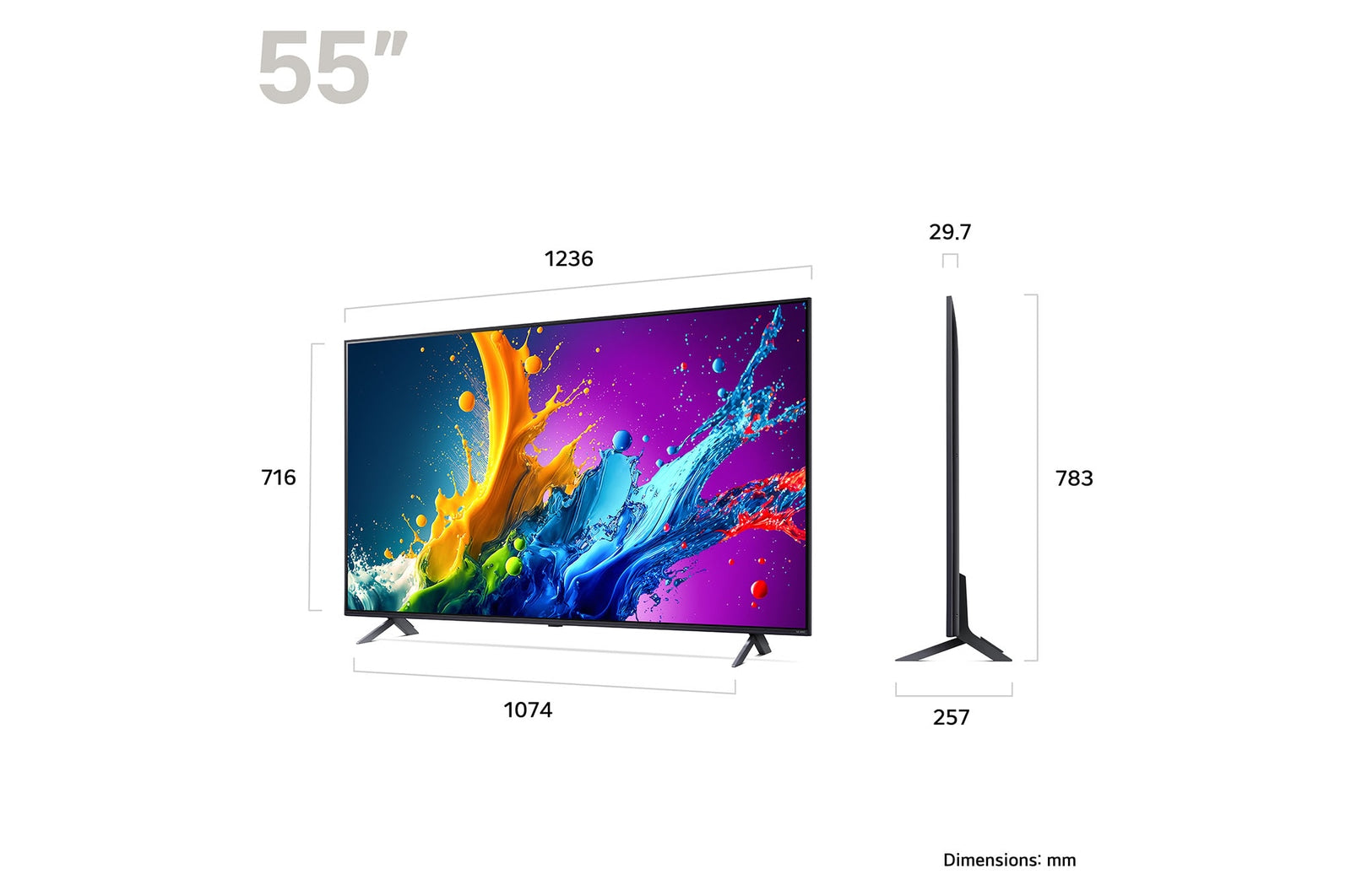LG 55QNED80T3A televízió méretei mm-ben.