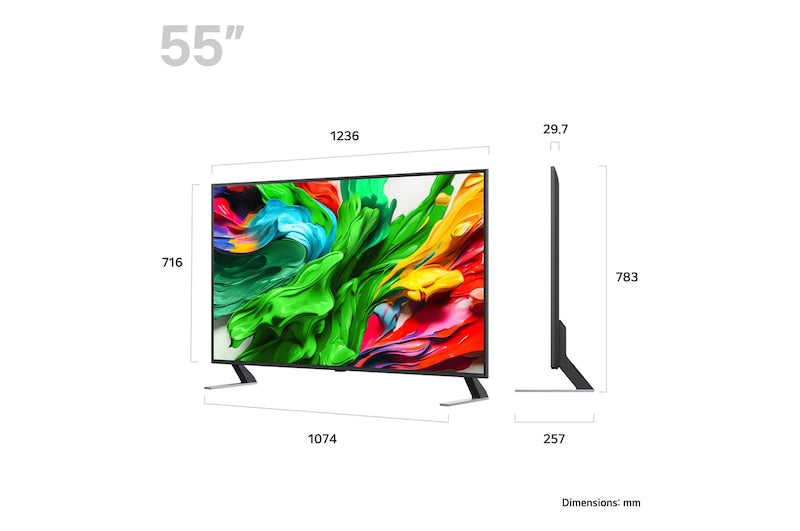 LG 55QNED85A televízió méretei mm-ben.