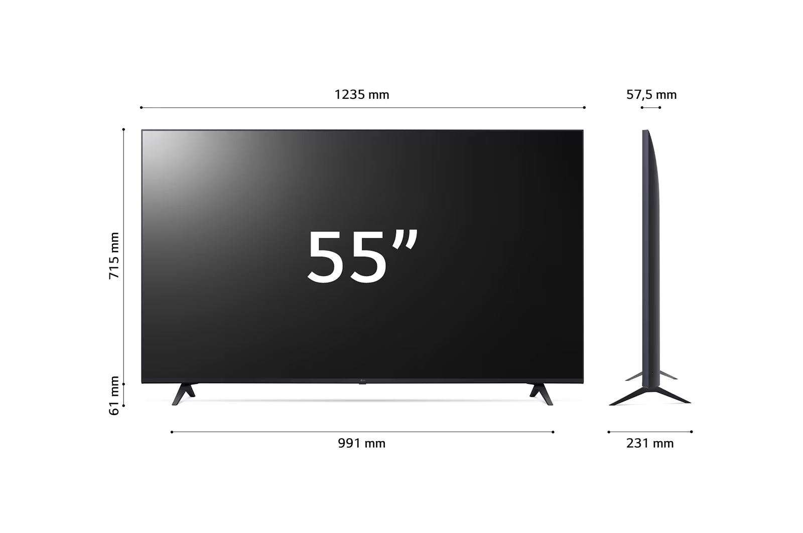 LG 55UR8000 4K Smart TV méretei mm-ben.