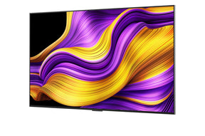LG 65G5 OLED Televízió előlnézetben, falon. A kijelzőn sárgás lila absztrakt ábra.