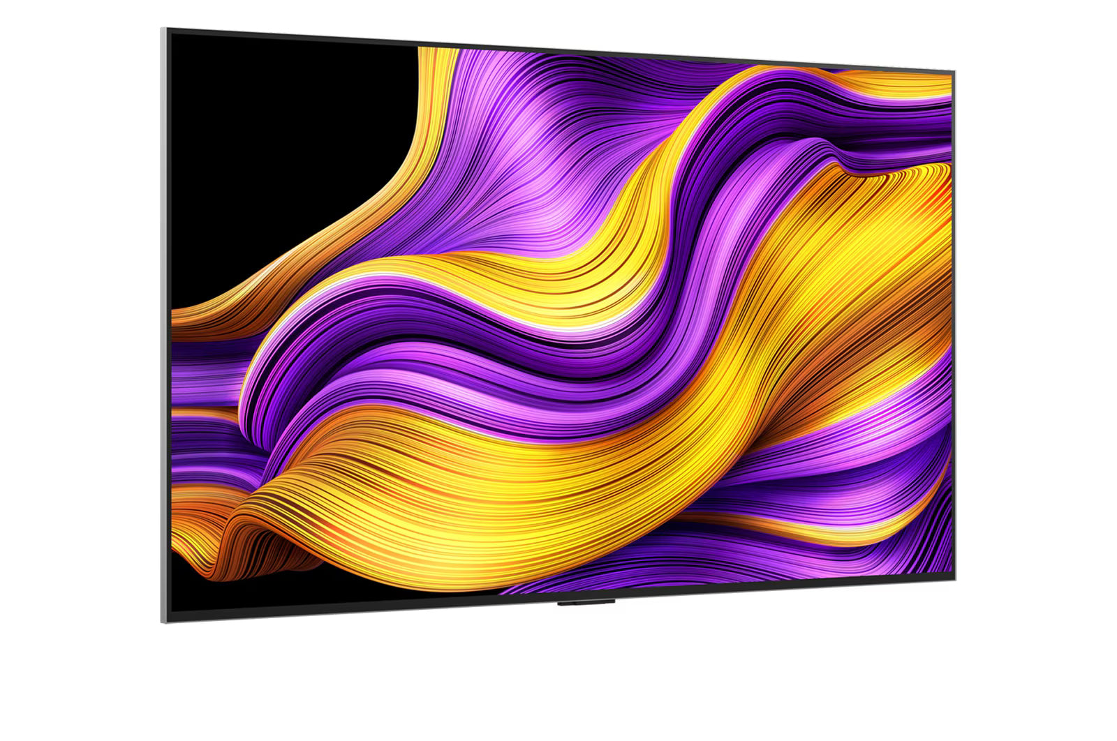 LG 65G5 OLED Televízió előlnézetben falon, enyhén jobbra fordítva. A kijelzőn sárgás lila absztrakt ábra.