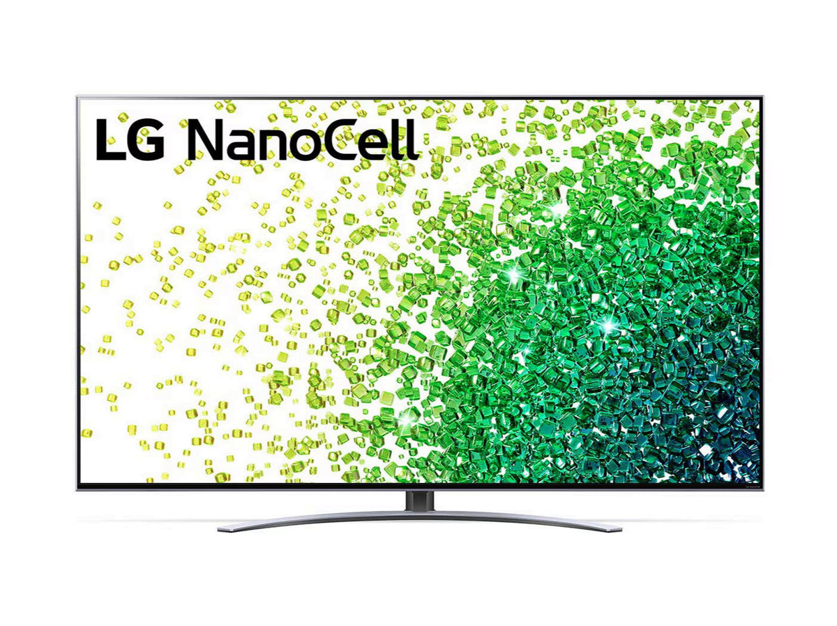 LG 65NANO883PB 4K Smart TV előlnézetben, talpon. A kijelzőn sárgás zöld drágakövek szétszórva és lg nanocell logó.