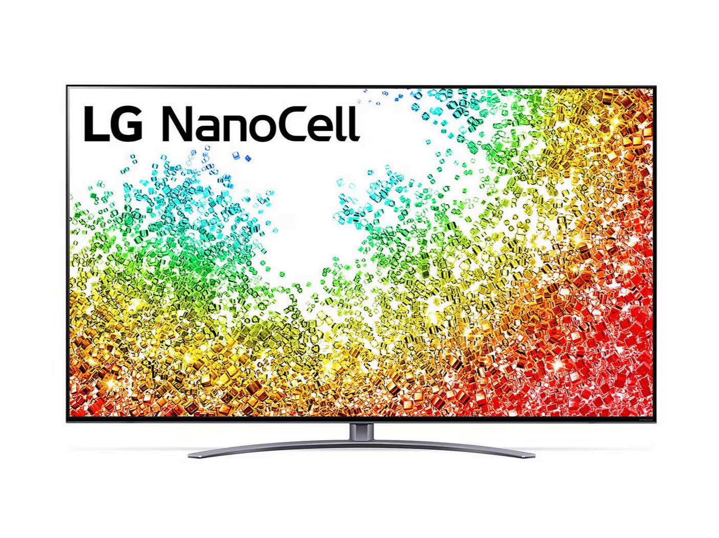 LG 65NANO963PA NanoCell 8K Smart TV előlnézetben, talpon. A kijelzőn színes drága kövek szétszórva és lg nanocell logó.