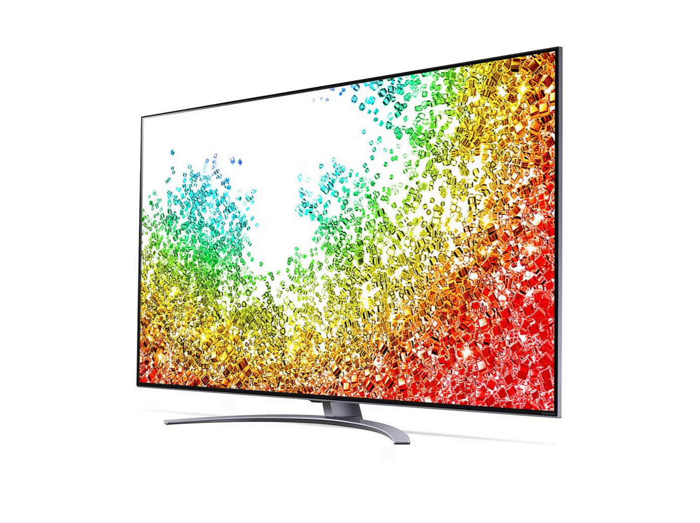 LG 65NANO963PA NanoCell 4K Smart TV előlnézetben enyhén balra fordítva, talpon. A kijelzőn színes drága kövek szétszórva.