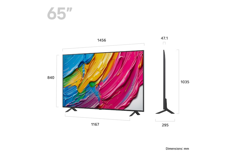 LG 65QNED80A televízió méretei mm-ben.