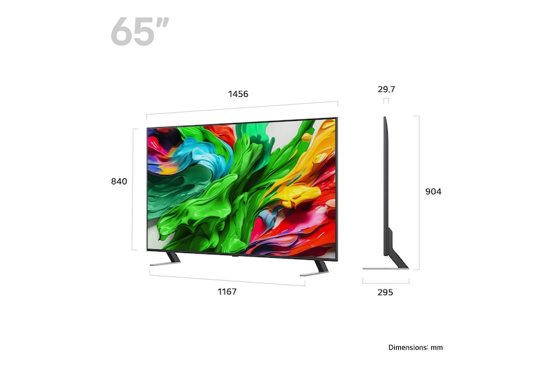 LG 65QNED85A televízió méretei mm-ben.