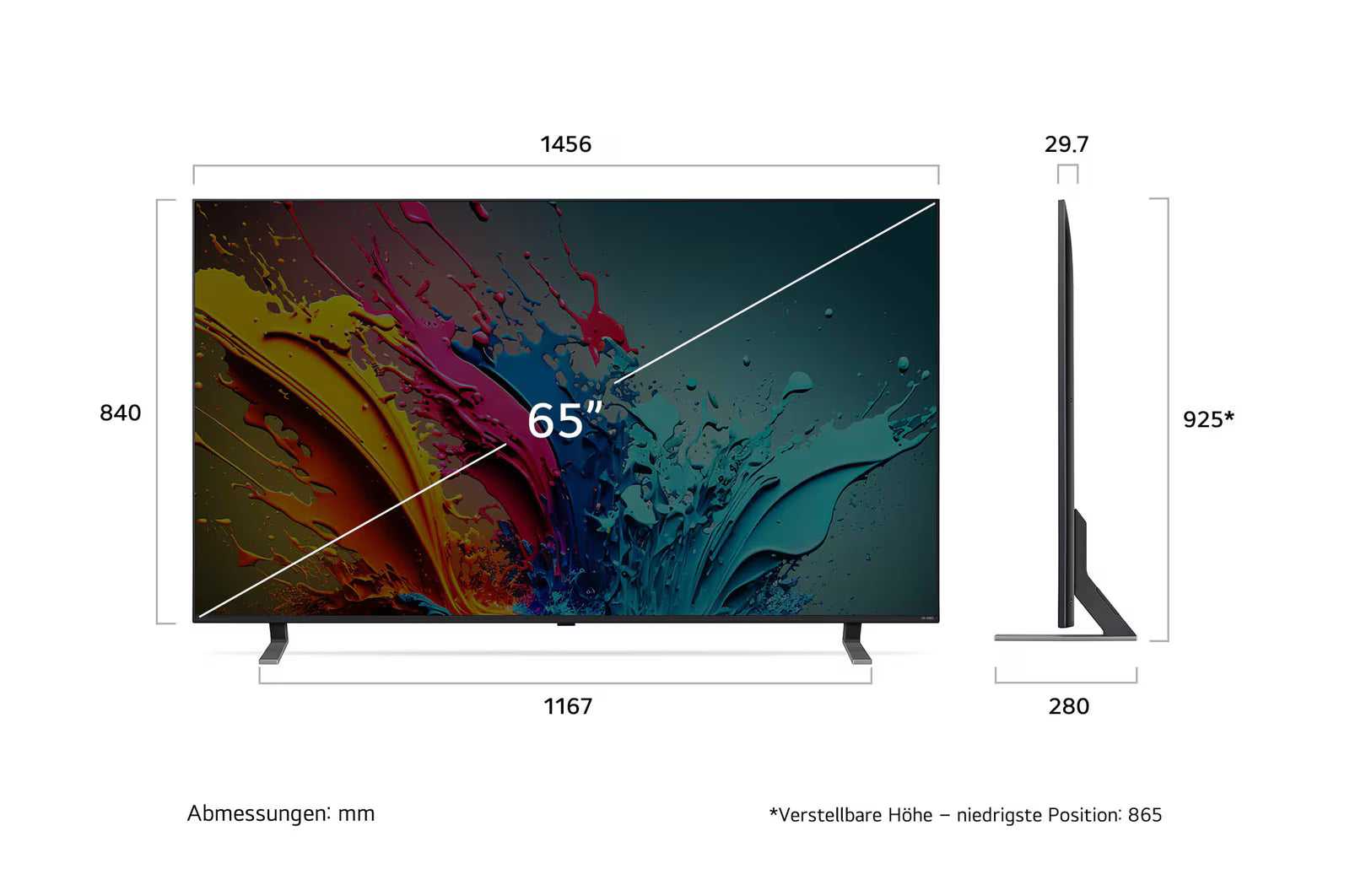 LG 65QNED85T3C televízió méretei mm-ben.