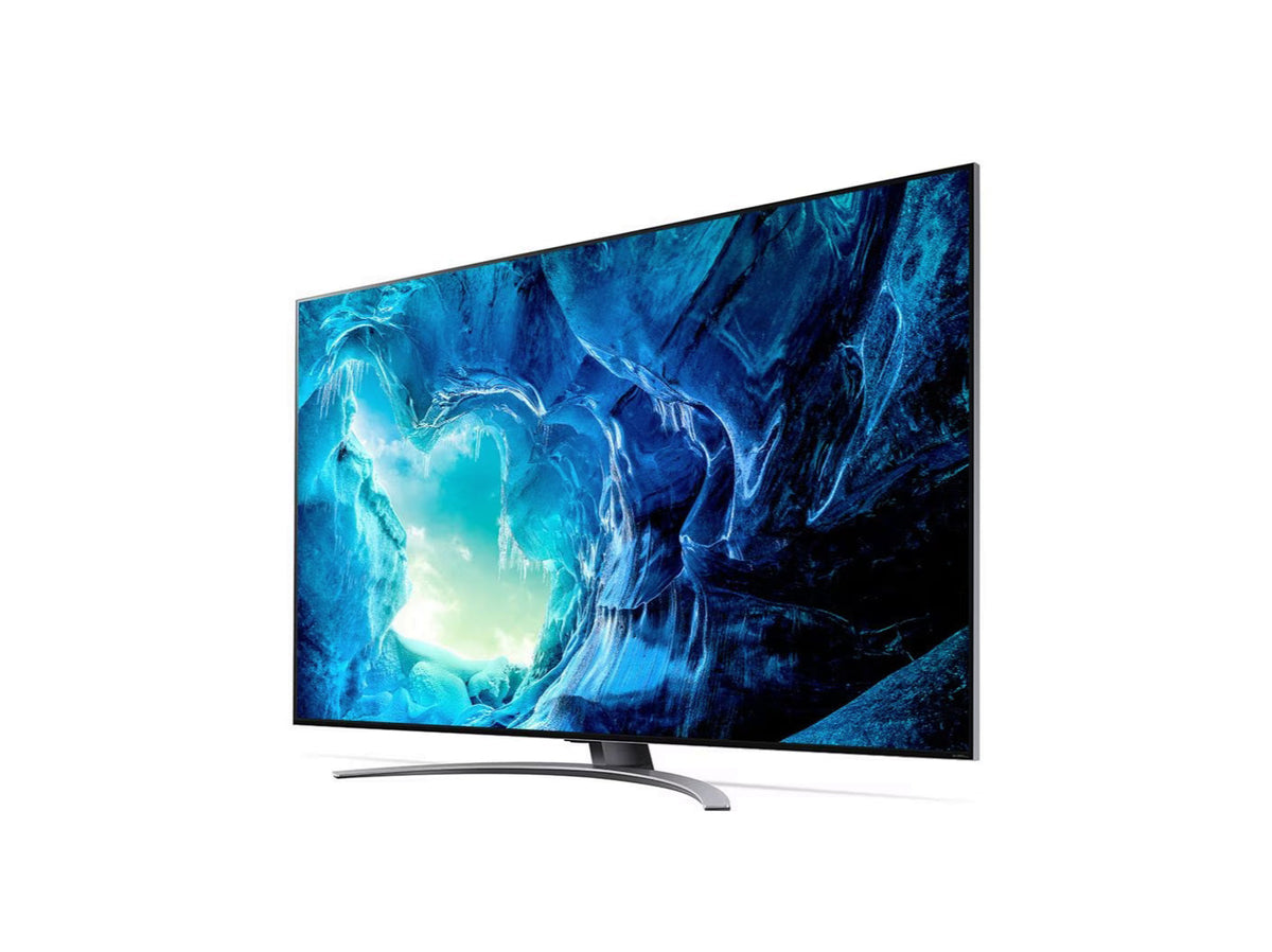 LG 65QNED963QA 8K MiniLED Gaming TV előlnézetben enyhén balra fordítva, talpon. A kijelzőn jeges gleccser tájkép.