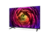 LG 65UR7300 Smart TV előlnézetben, enyhén balra fordítva. A kijelzőn színes rózsavirággal.