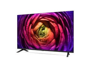 LG 65UR7300 Smart TV előlnézetben, enyhén balra fordítva. A kijelzőn színes rózsavirággal.