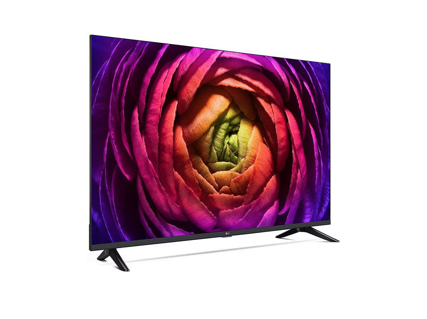 LG 65UR7300 Smart TV előlnézetben, jobbra fordítva. A kijelzőn színes rózsavirággal.