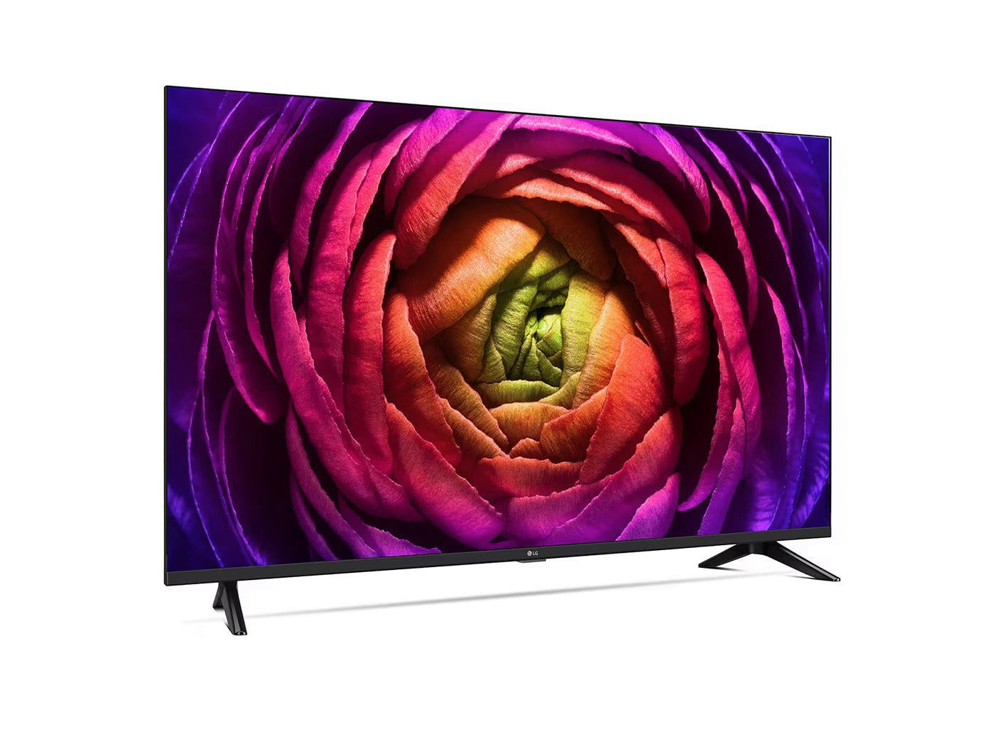 LG 65UR7300 Smart TV előlnézetben, enyhén jobbra fordítva. A kijelzőn színes rózsavirággal.