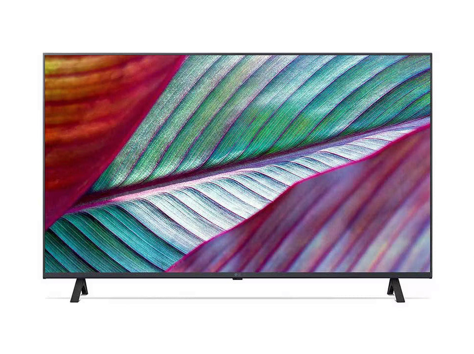 LG 65UR7800 4K Smart TV előlnézetben talpon, enyhén balra fordítva. A kijelzőn lilás zöld növényi levél.