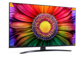 LG 65UR8100 4K Smart TV előlnézetben talpon, enyhén jobbra fordítva. A kjielzőn élénk színes virág.