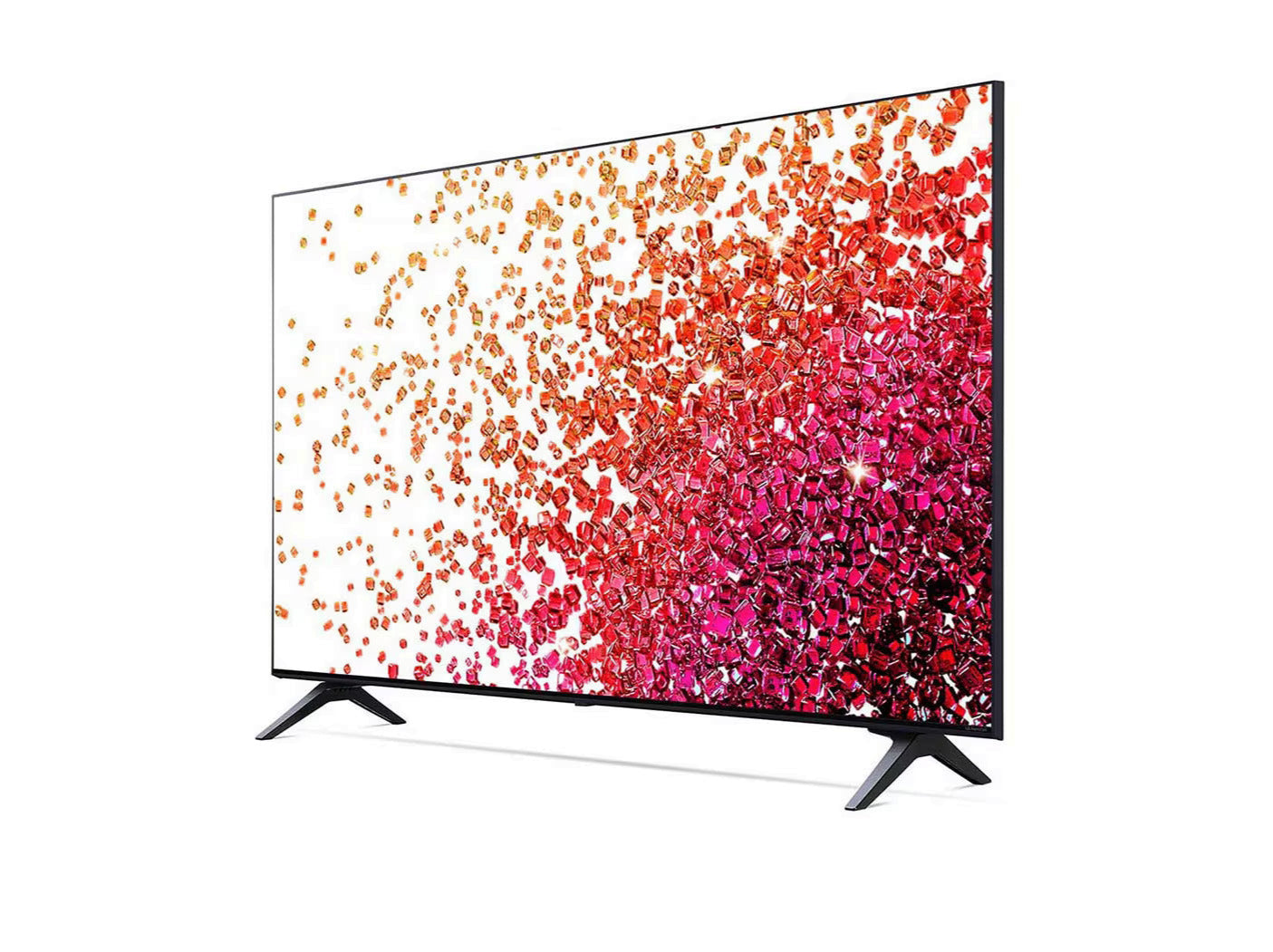 LG 70NANO753PA 4K Smart TV előlnézetben enyhén balra fordítva, talpon. A kijelzőn sárgás piros ékkövek szétszórva.