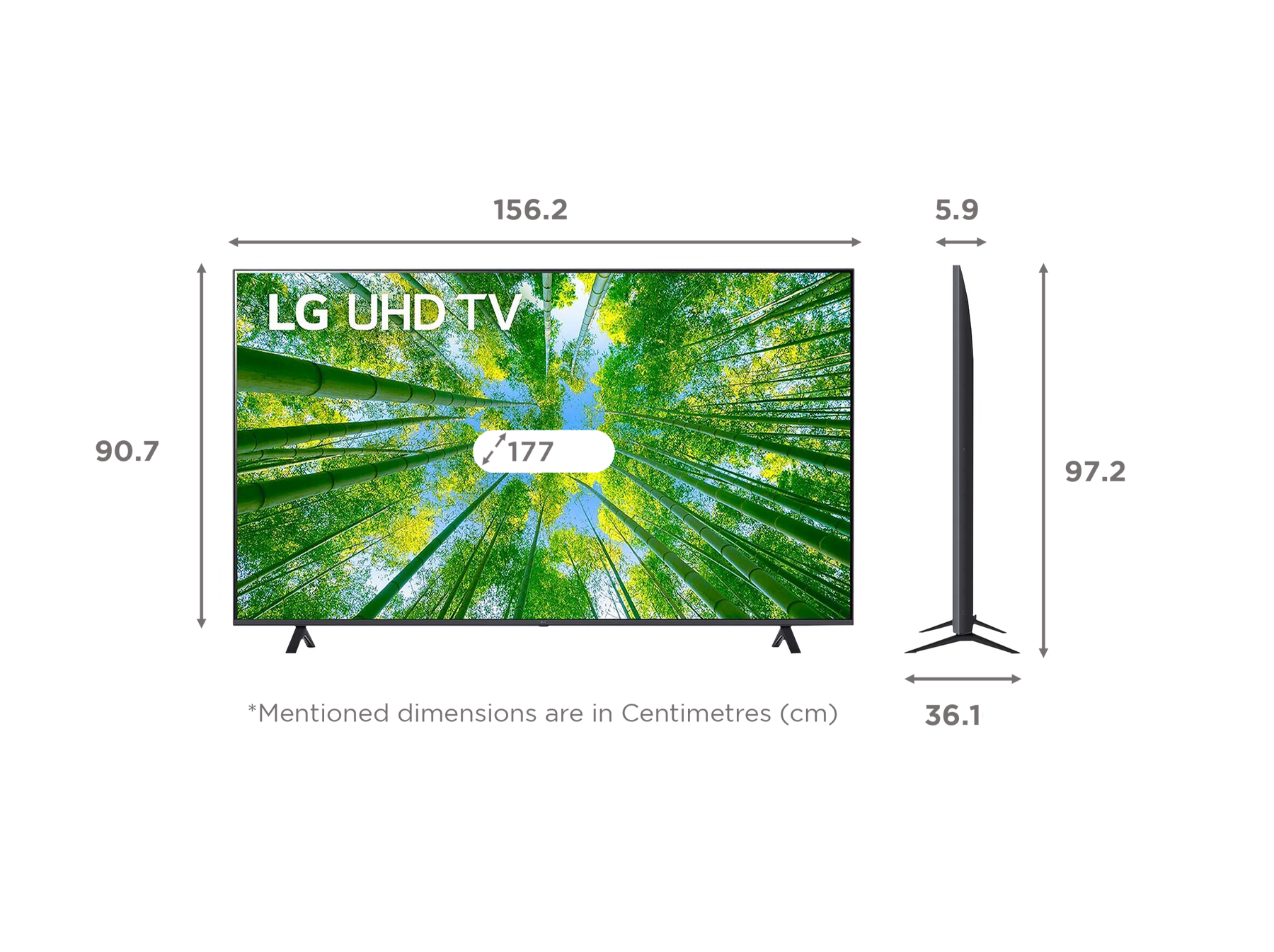 LG 70UQ8000 4K Smart TV méretei.