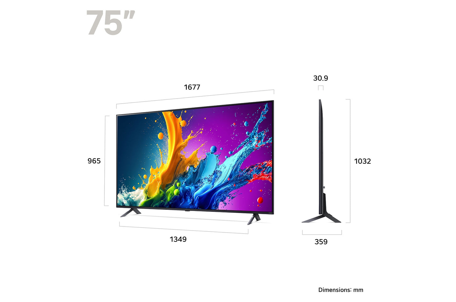 LG 75QNED80T3A televízió méretei mm-ben.