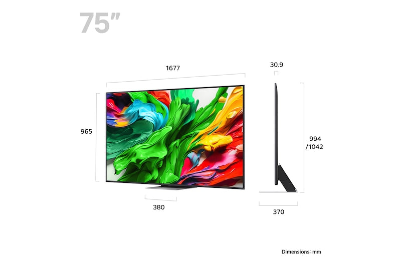 LG 75QNED87A televízió méretei mm-ben.