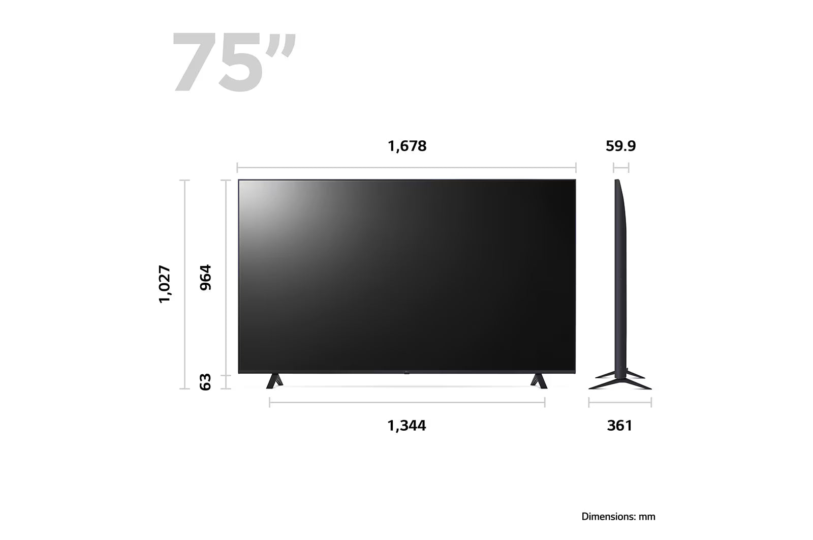 LG 75UR8000 4K Smart TV méretei mm-ben.