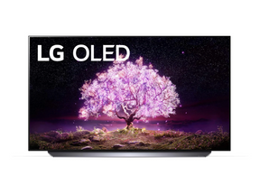 LG 77C1 OLED televízió előlnézetben talpon, a kijelzőn csillagos égbolt és rózsaszínben világító fa, oled logóval.