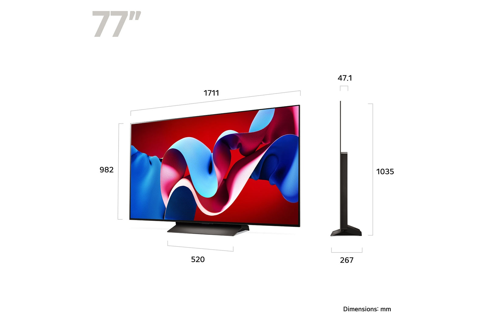LG 77C4 OLED Televízió méretei mm-ben.