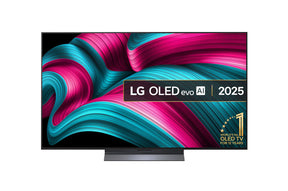 LG 77C5 OLED Televízió előlnézetben, talpon. A kijelzőn lg oled evo avi logó és 12 éve az első számú gyártó.