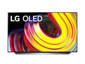 LG 77CS oled televízió talpon, sárga árnyalatú absztrakt ábra és lg oled logó a kijelzőn.