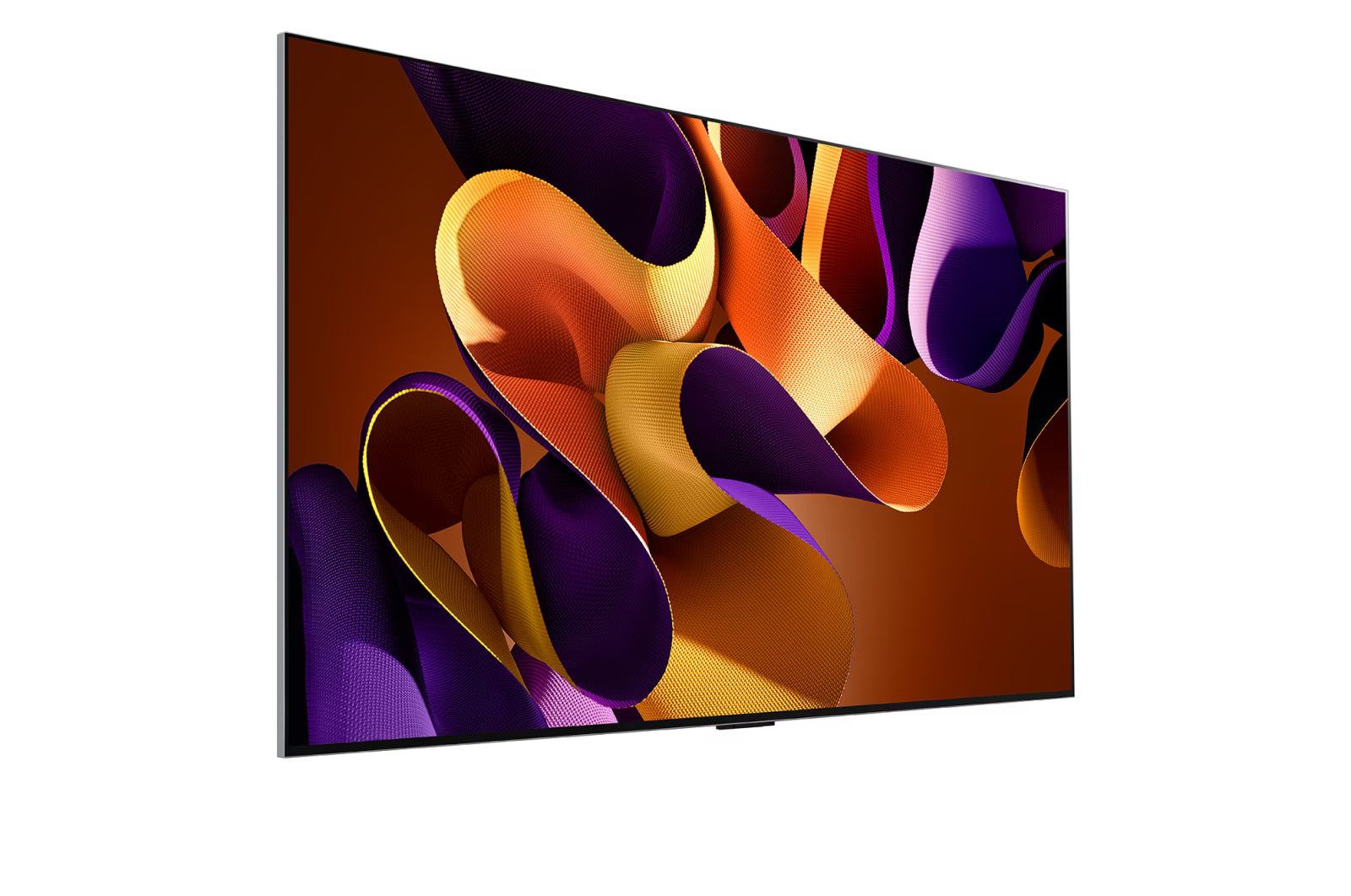 LG 77G4 OLED Televízió előlnézetben jobbra fordítva. A kijelzőn lilás sárga absztakrt ábra.