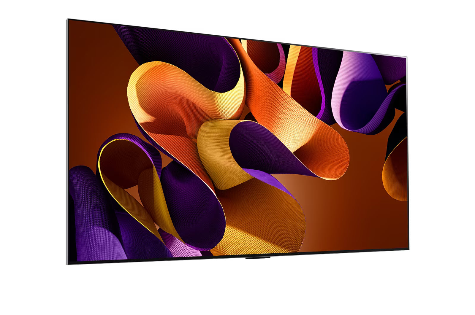 LG 77G4 OLED Televízió előlnézetben enyhén jobbra fordítva. A kijelzőn lilás sárga absztakrt ábra.