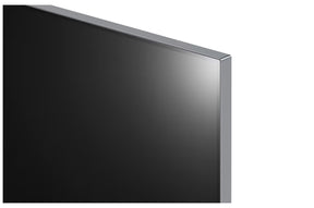 LG 77M4 OLED televízió szupervékony fém kávája közelről.