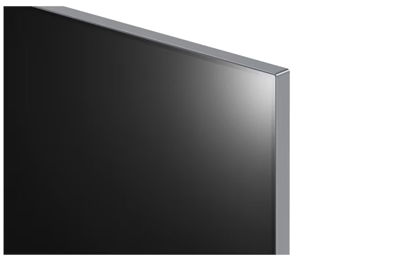 LG 77M4 OLED televízió szupervékony fém kávája közelről.