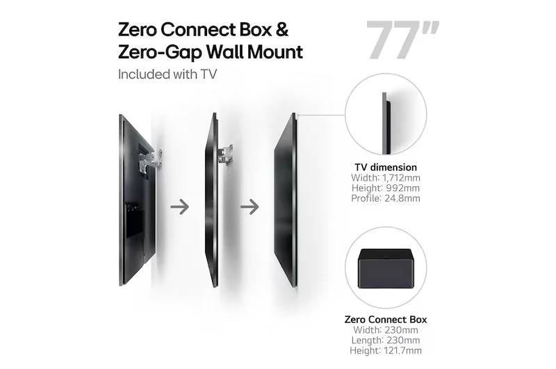 LG 77M4 OLED televízió és box méretei mm-ben.