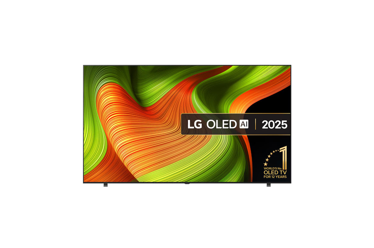 LG 83B5 OLED Televízió előlnézetben, talpon. A kijelzőn lg olad ai logó és 12 éve az első számú oled tv.