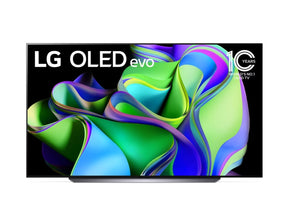 LG 83C3 oled evo televízió talpon előlnézetben, kékes zöld árnyalatú absztrakt ábra és 10 éves az lg oled evo logó a kijelzőn