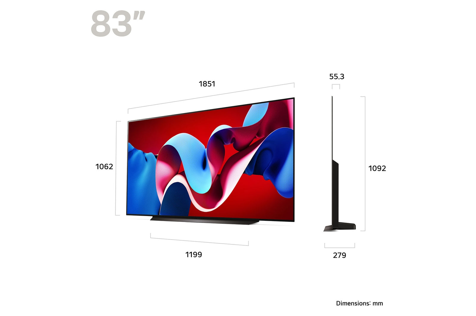 LG 83C4 OLED Televízió méretei mm-ben.