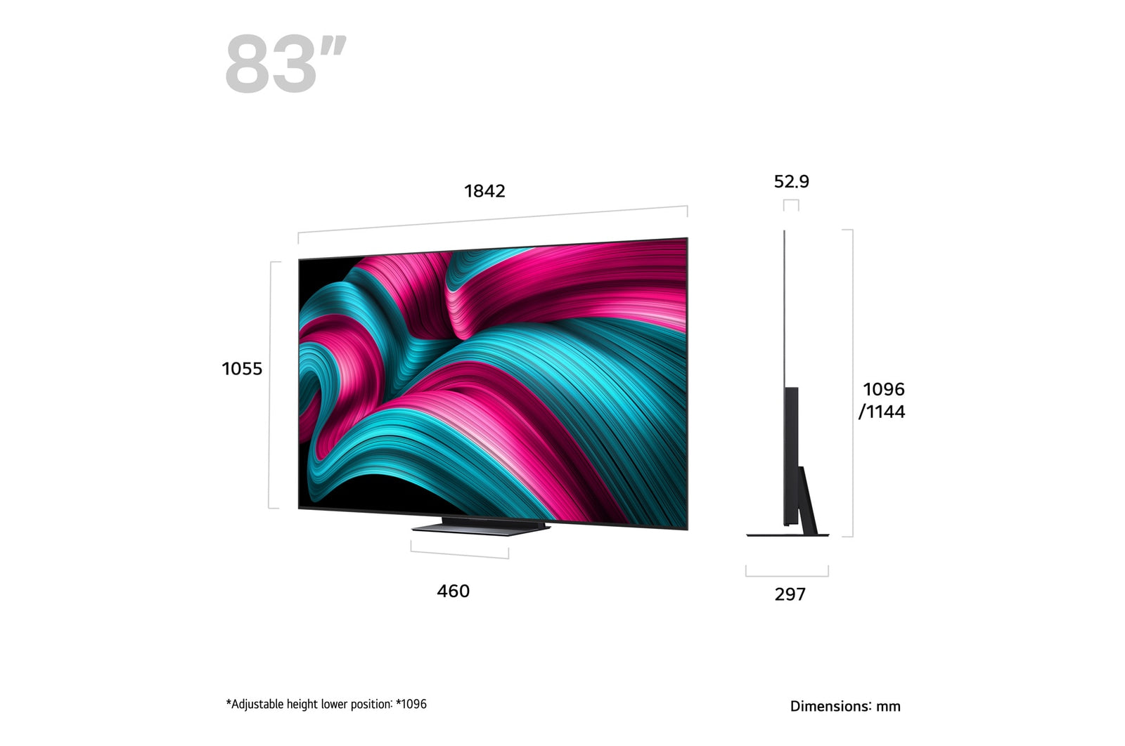 LG 83C5 OLED Televízió méretei mm-ben.