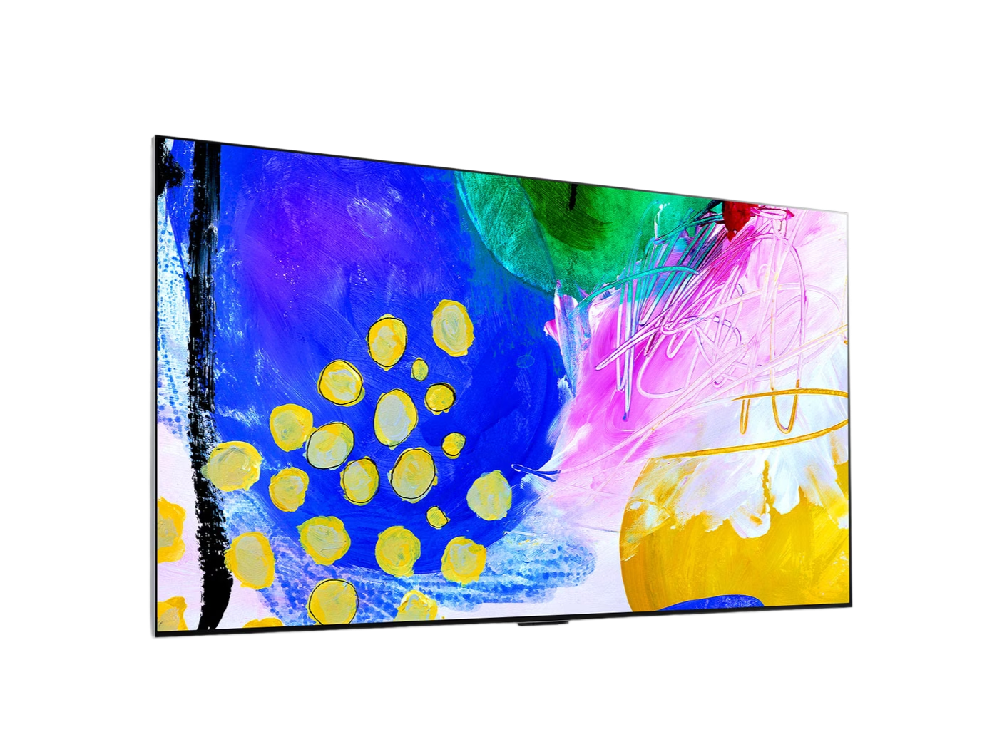 LG 83G2 OLED evo televízió előlnézetben enyhén jobbra fordítva, a kijelzőn színes festmény.