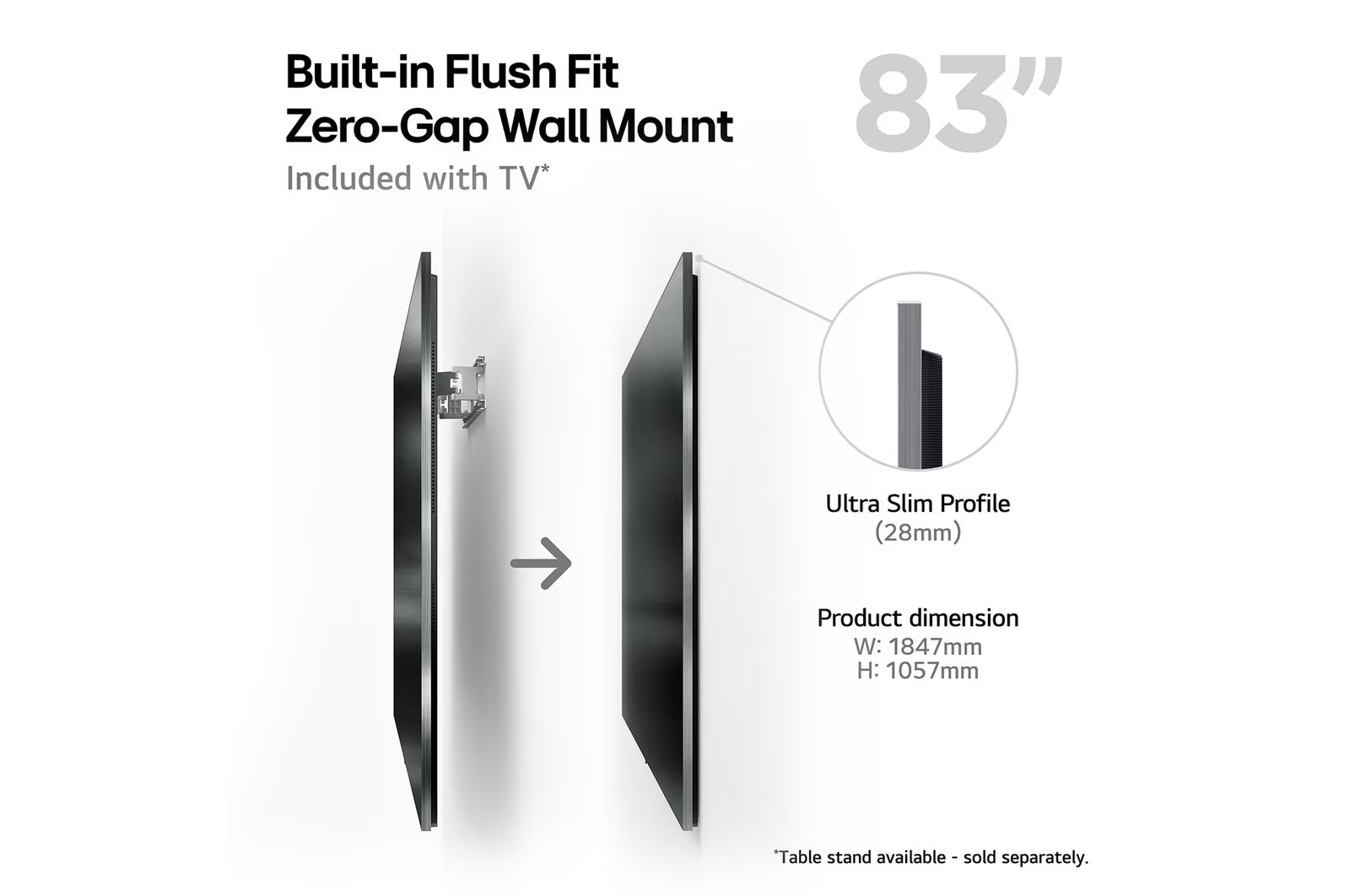 LG 83G4 OLED Televízió fali konzol megoldás méretekkel.