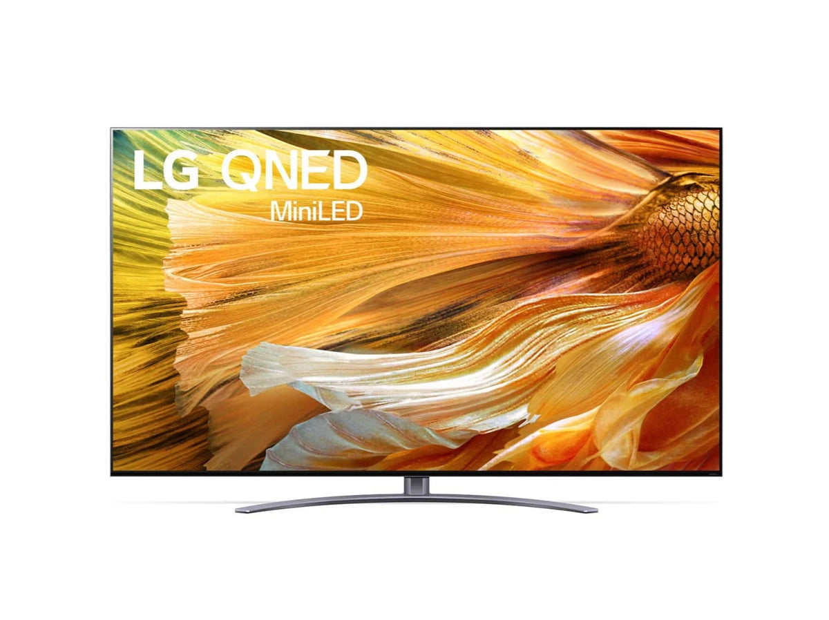 LG 86QNED913PA 4K MiniLED Gaming TV előlnézetben, talpon. A kijelzőn sárgás árnyalatok keverednek és lg qned miniled logó.