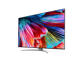 LG 86QNED993PB 8K MiniLED Gaming TV előlnézetben enyhén balra fordítva, talpon. A kijelzőn színes árnyalatok keverednek.