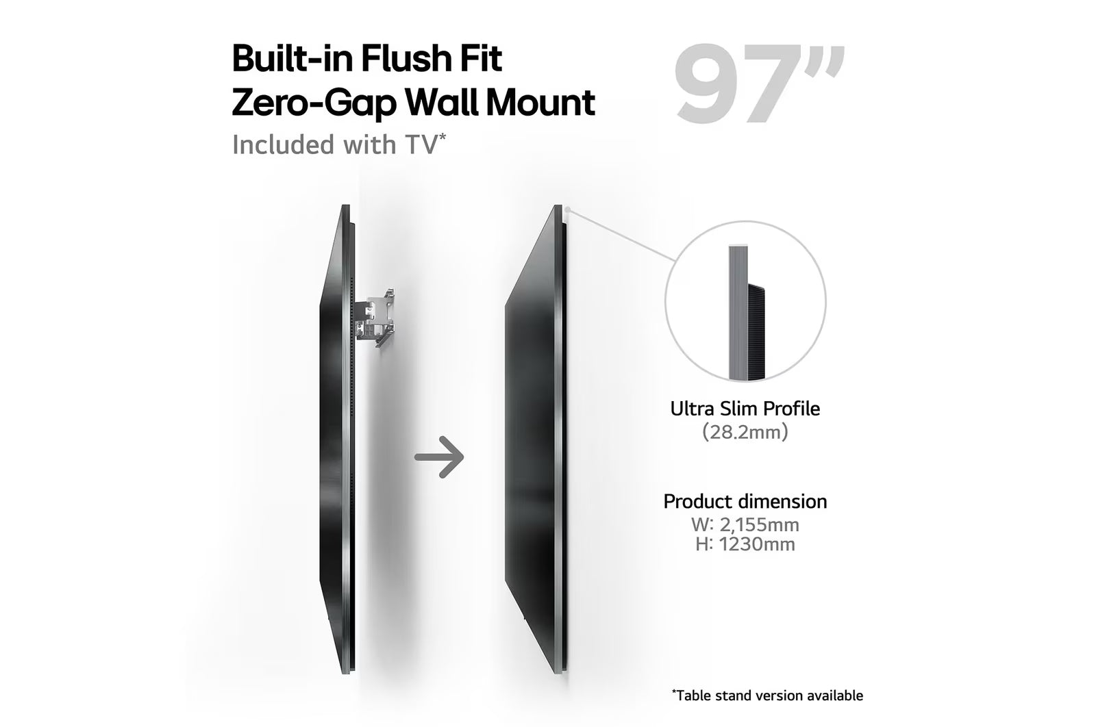 LG 97G4 OLED Televízió fali konzol megoldás méretekkel.