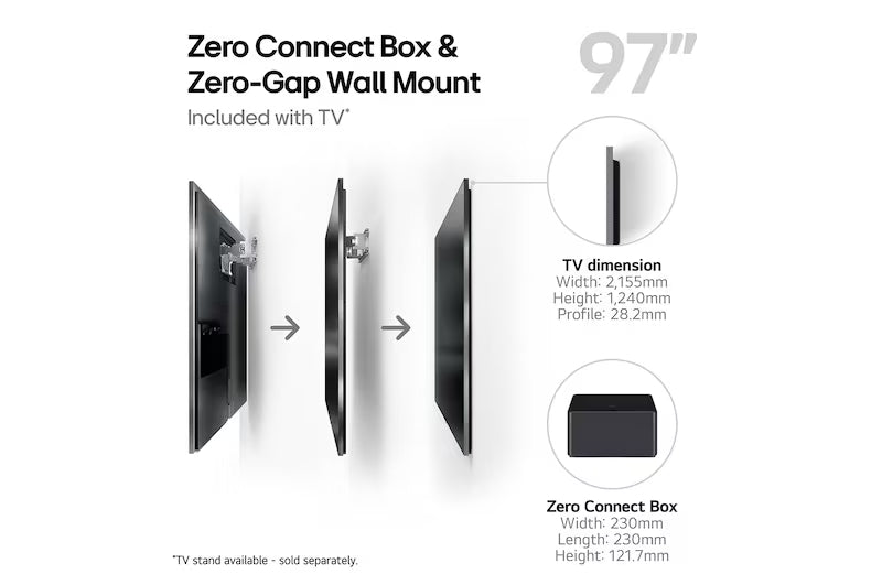 LG 97M4 OLED televízió és box méretei mm-ben.