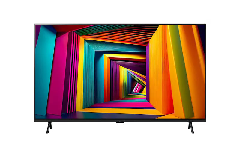 LG 98UT9100 televízió előlnézetben talpon. A kijelzőn színes absztrakt kép.