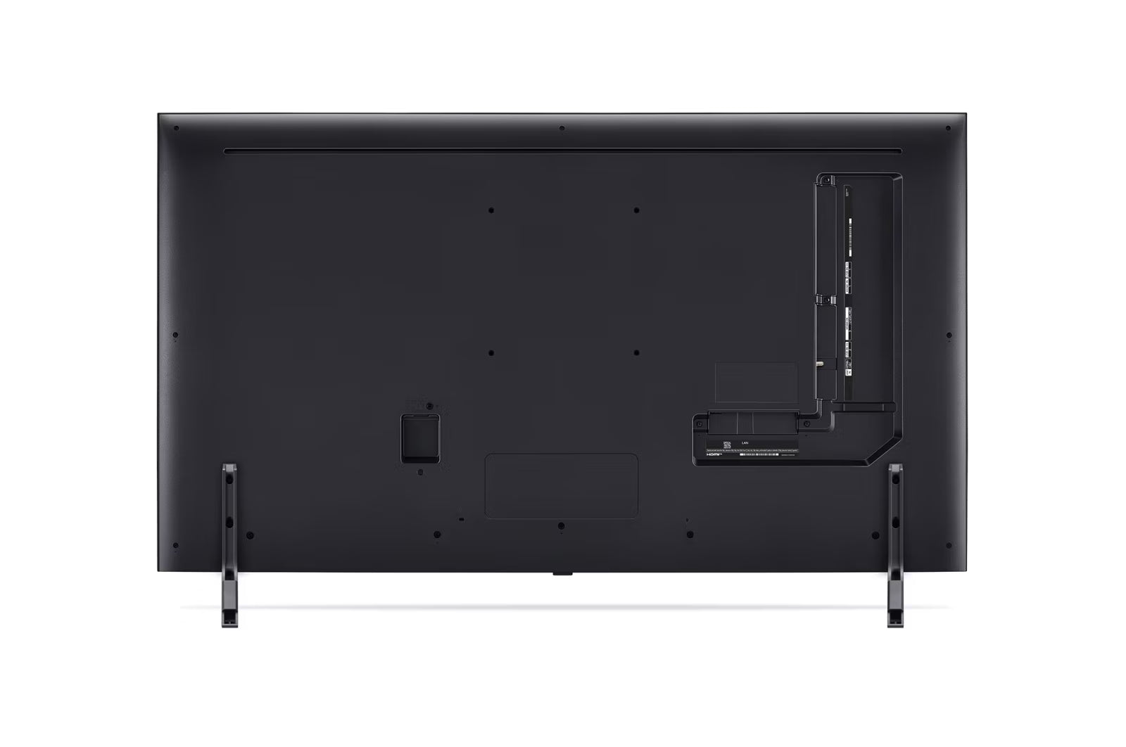 LG 75QNED80T3A televízió hátulnézetben talpon.