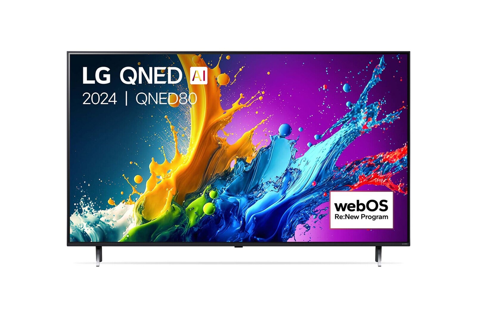 LG 50QNED80T3A televízió előlnézetben talpon, enyhén balra fordítva. A kijelzőn kékes lila festék fröccsenés lg qned ai és webos renew logóval.