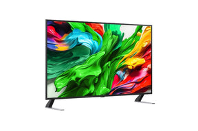 LG 65QNED85A televízió előlnézetben talpon, enyhén jobbra fordítva. A kijelzőn színes festékek kavarognak.